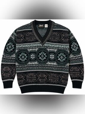 Vintage Impact Men’s Large V-Neck Coogi Style Geometric Knit Sweater 90s Korea